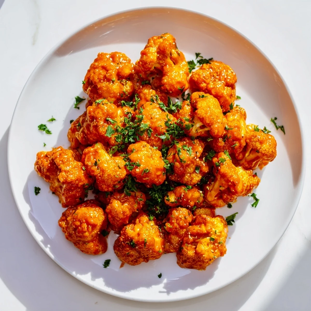 Golden-brown Buffalo Cauliflower Bites ready to be dipped and enjoyed as a delicious appetizer.