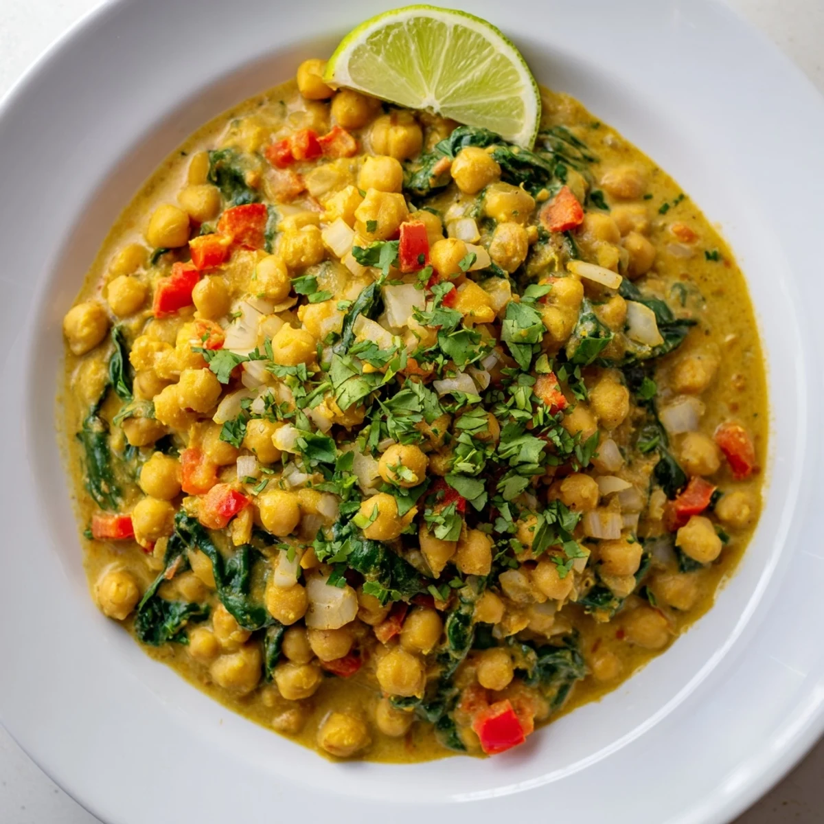 Rich, creamy Chickpea Curry served with a wedge of lime, a flavorful and easy one-pot recipe.