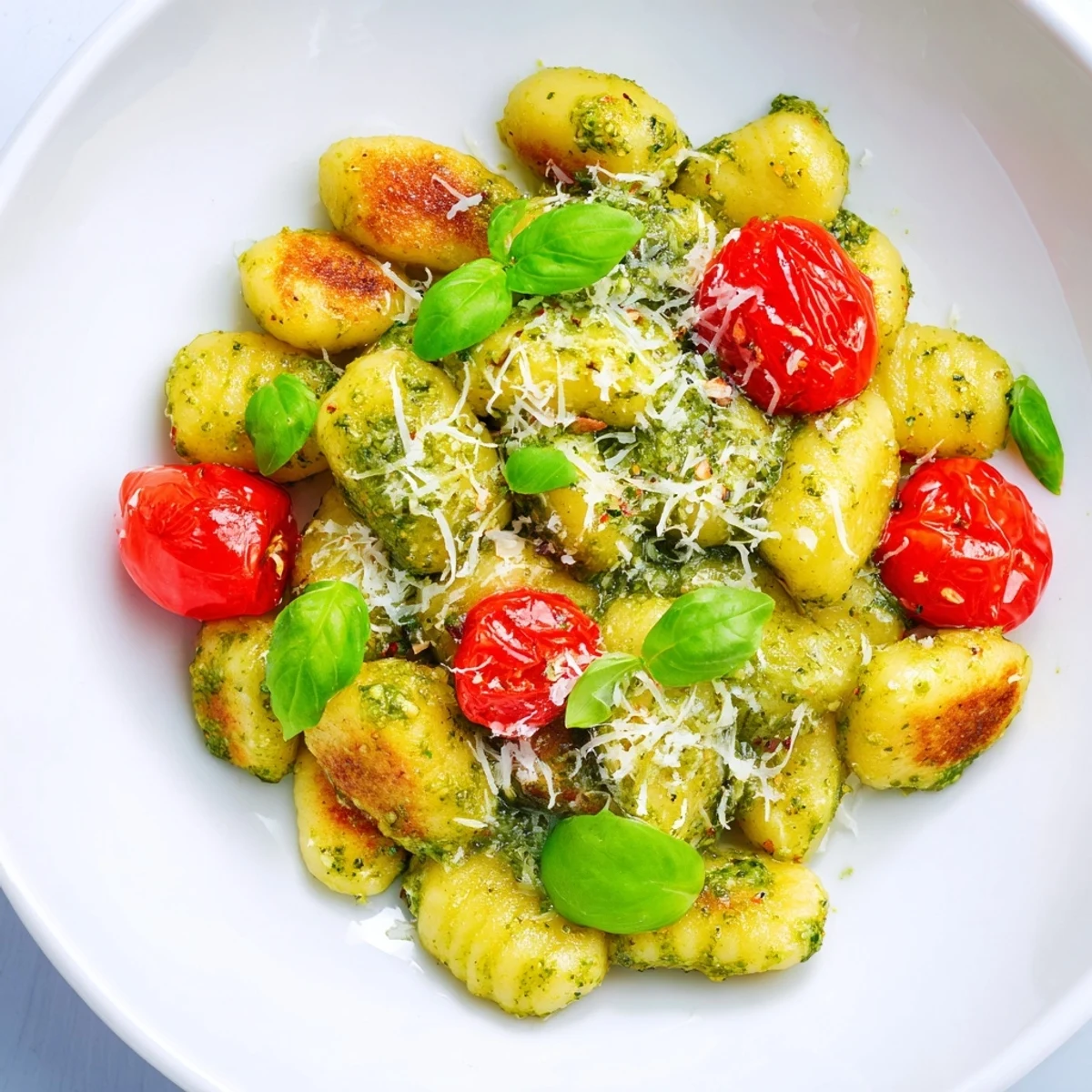 Golden-brown, crispy gnocchi with pesto, cherry tomatoes, and Parmesan cheese, ready to eat.