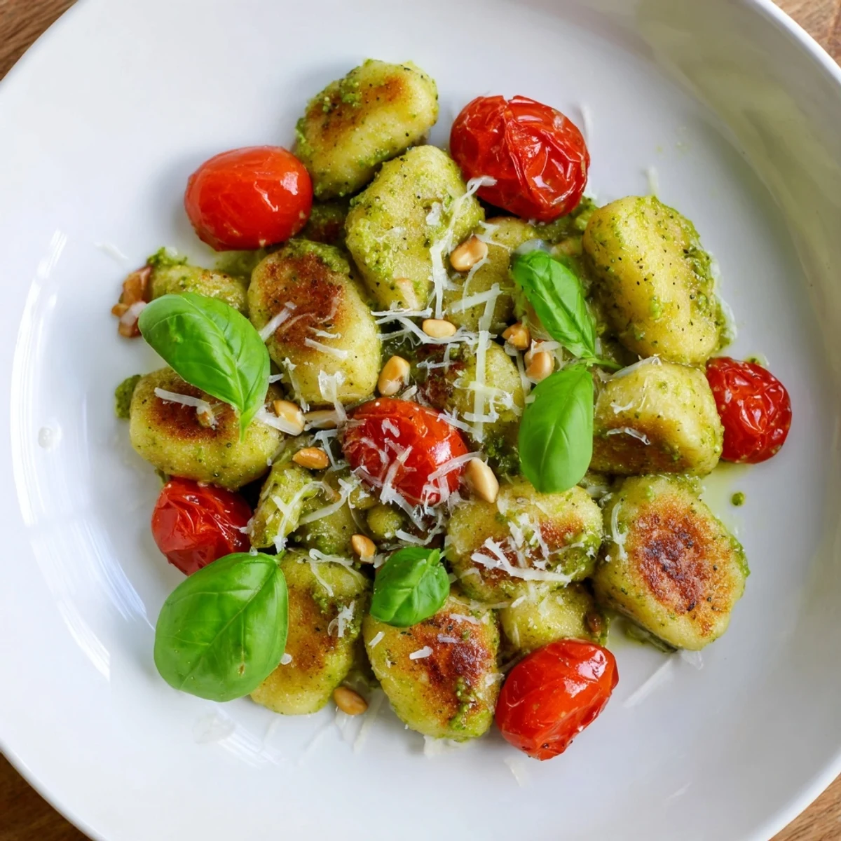 A plate of delicious crispy gnocchi with pesto, perfect for a quick and easy Italian meal.