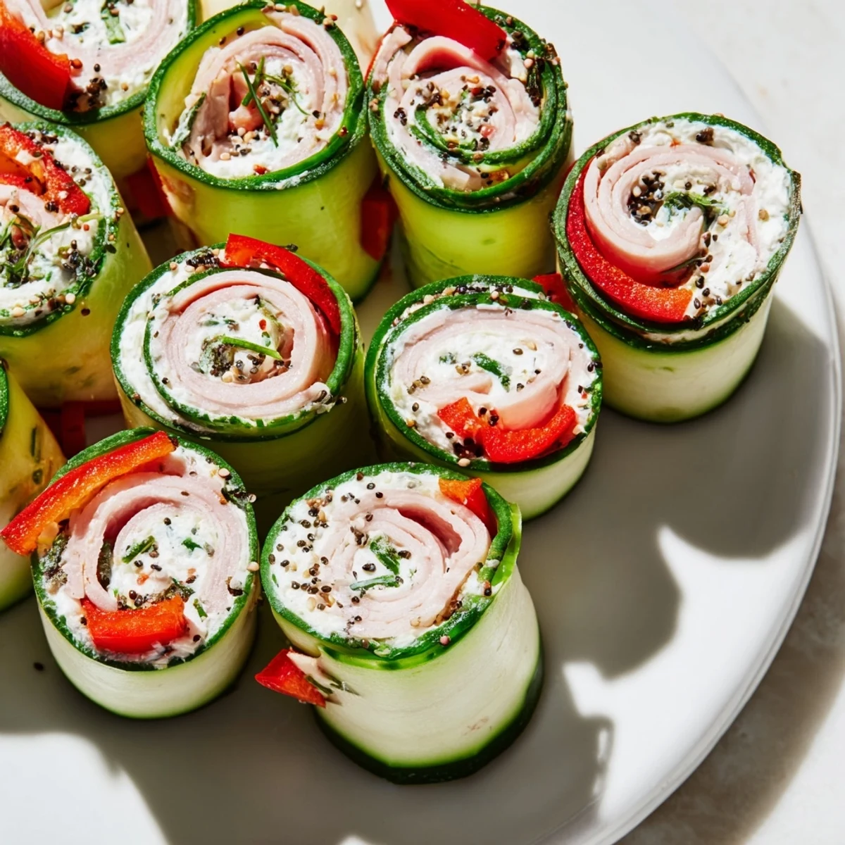 Freshly made Cucumber Roll-Ups showcasing colorful deli meats and creamy cheese filling for a low-carb treat.