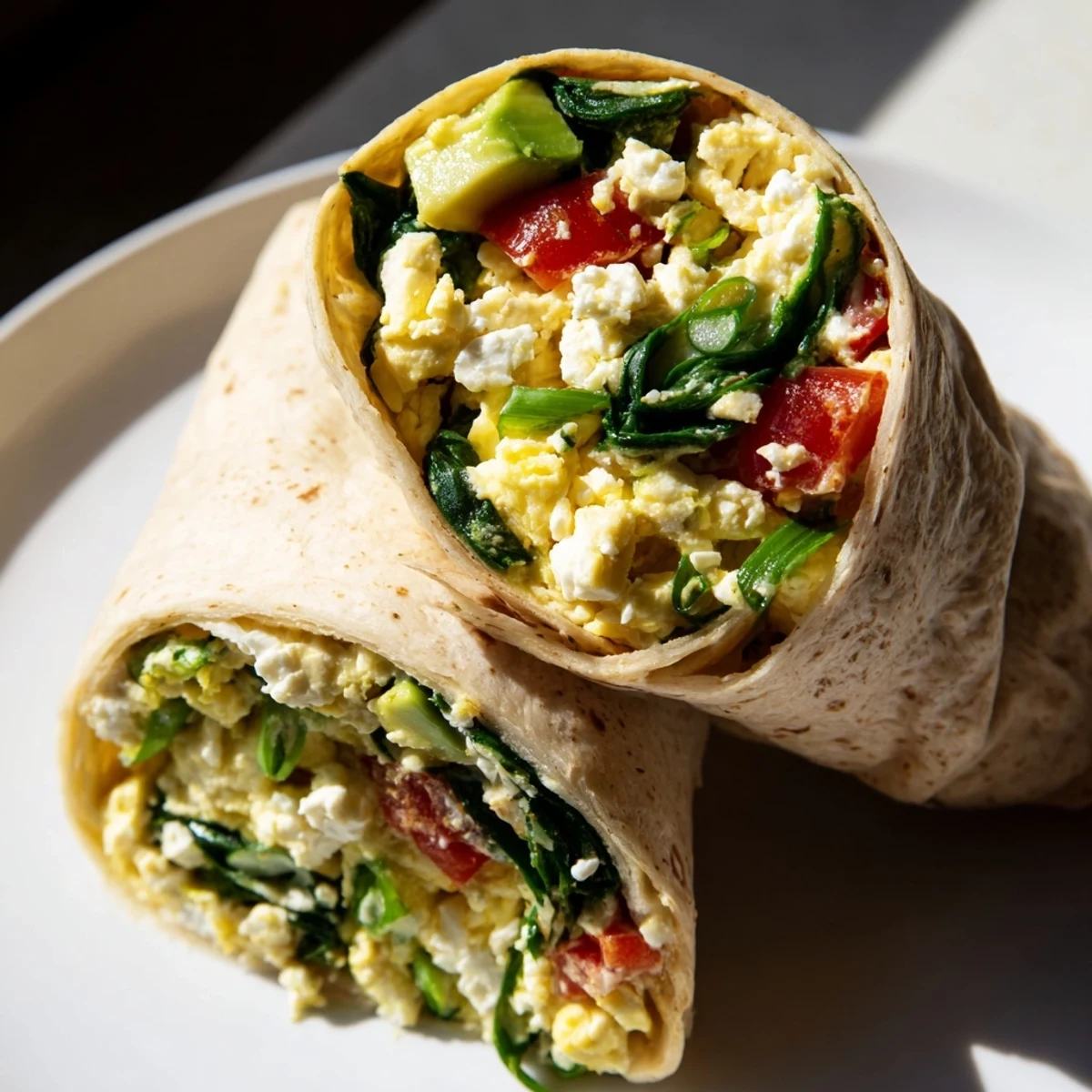Deliciously stacked Feta Egg Wrap, filled with fluffy eggs and fresh spinach; ready to serve.
