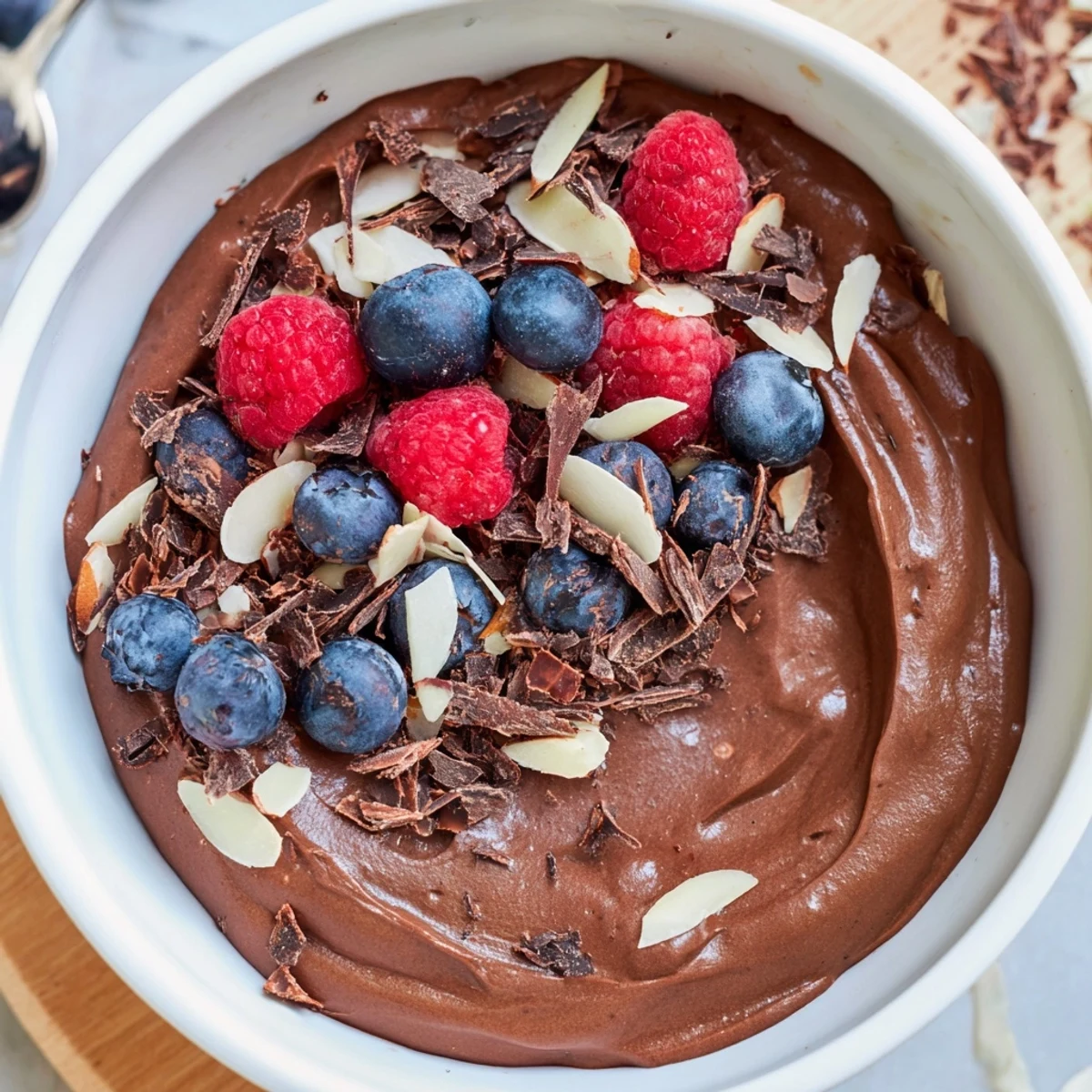 Silky smooth chocolate avocado mousse, topped with fresh berries, a delightful vegan dessert.