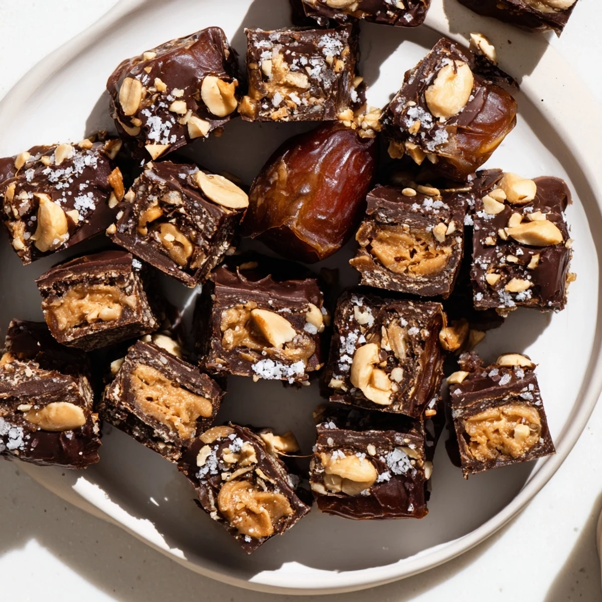 Sweet Date Bark Snickers-Style is beautifully layered, showing dates, creamy peanut butter, and rich chocolate.