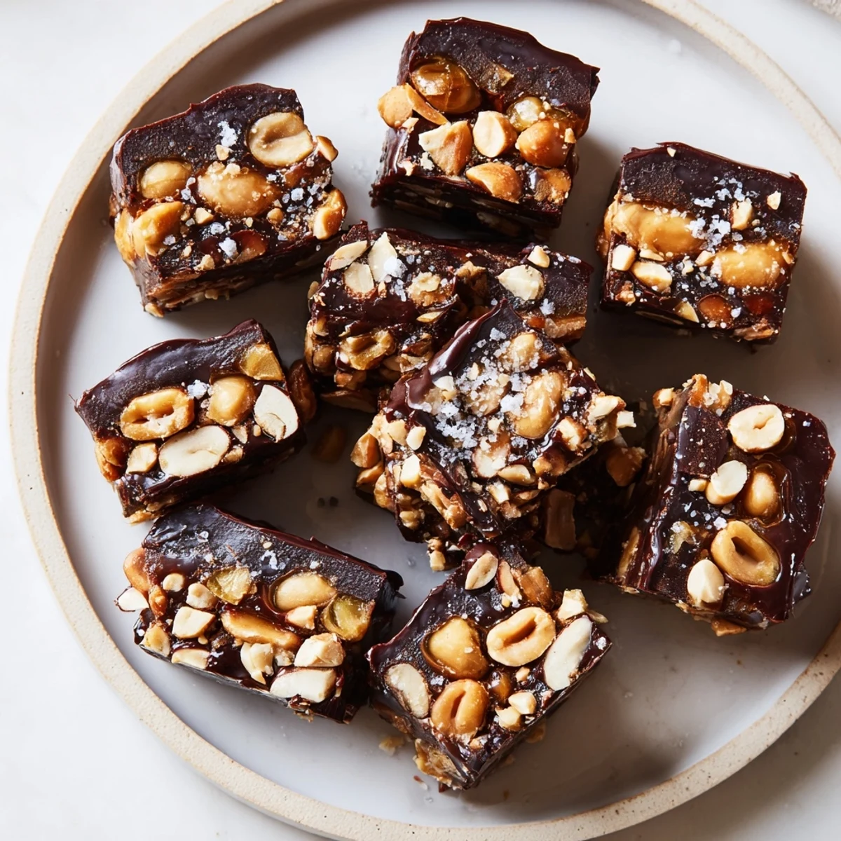 Frozen Date Bark Snickers-Style pieces offer a delicious combination of textures, perfect for a cold bite.