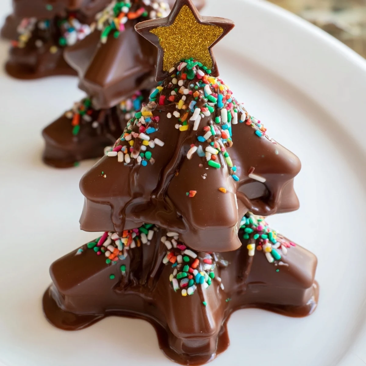 Whimsical Chocolate Kinder Christmas Trees, drizzled with glossy chocolate and sprinkled with festive glitter.