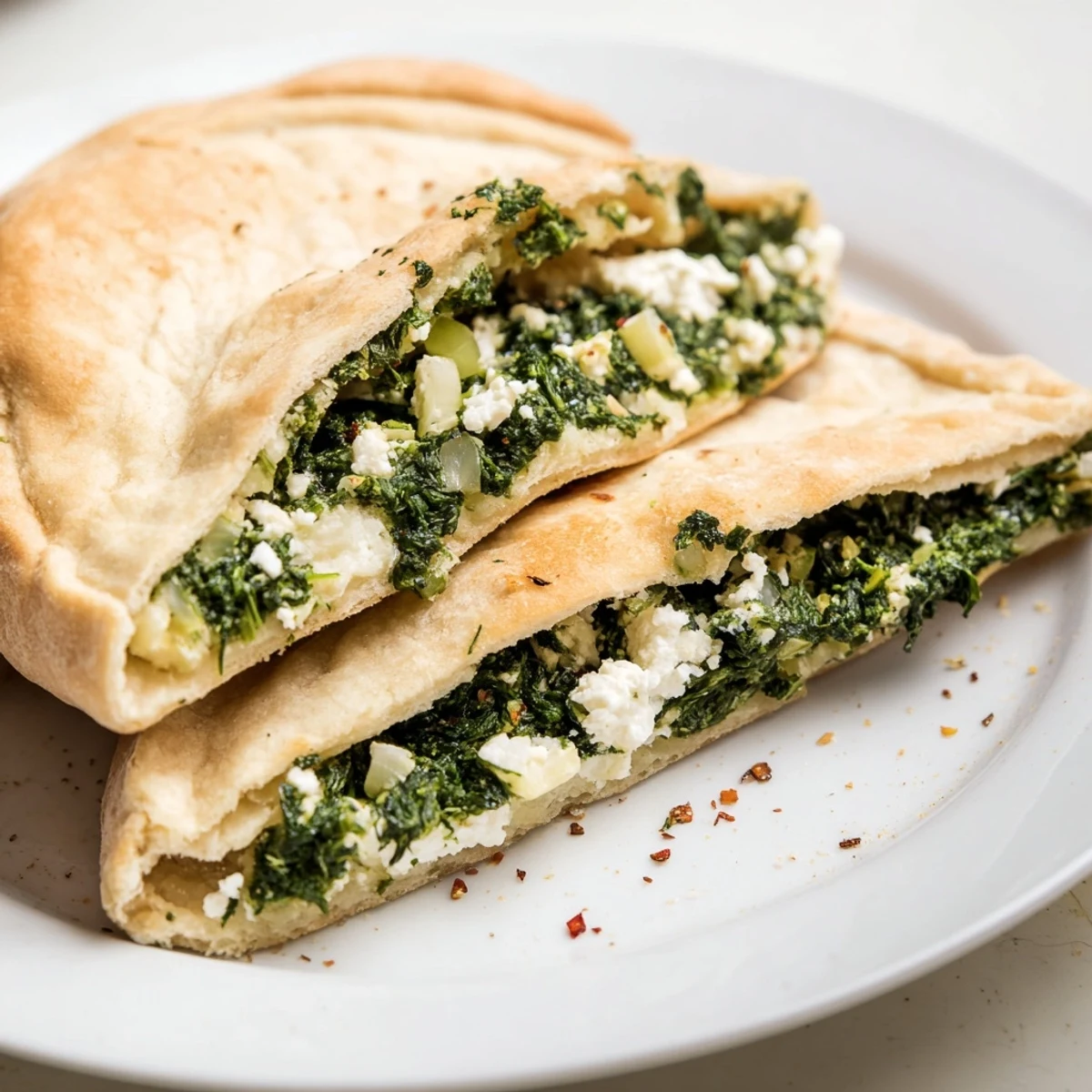 Golden, crisp Turkish Spinach & Feta Flatbread, filled with a savory spinach and cheese mixture, ready to eat.