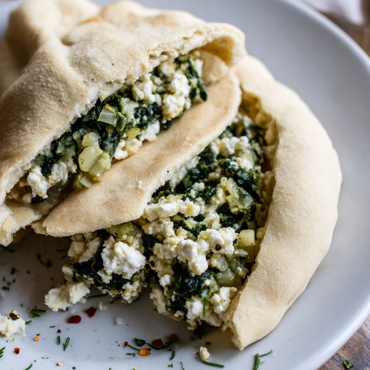 A close-up shot of warm Turkish Spinach & Feta Flatbread, showcasing the flaky crust and delicious filling inside.