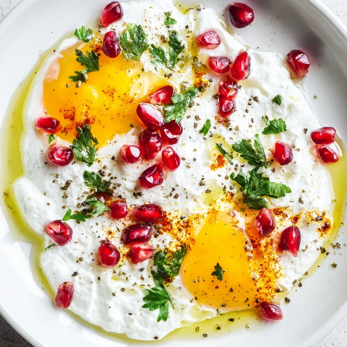 Vibrant red pomegranate seeds and sumac butter adorn this delicious Çılbır, ready to eat.