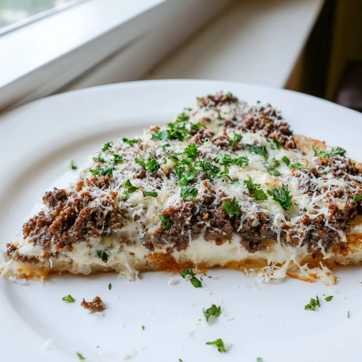 A close-up of Ground Beef Alfredo Pizza, with melted cheese and savory toppings.