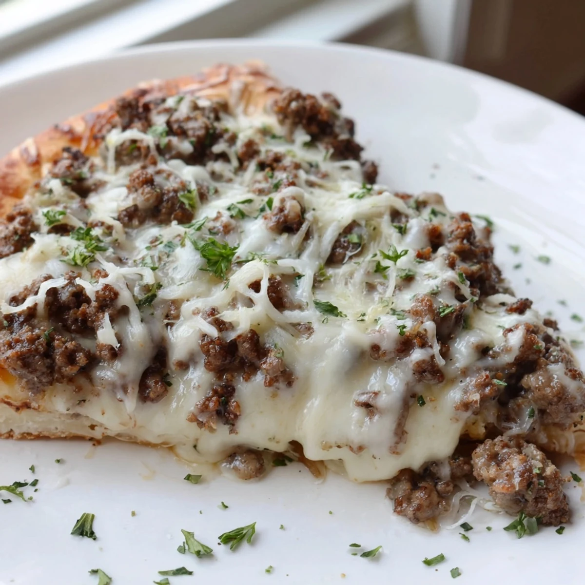 Golden crust Ground Beef Alfredo Pizza, ready to be sliced, inviting and delicious.