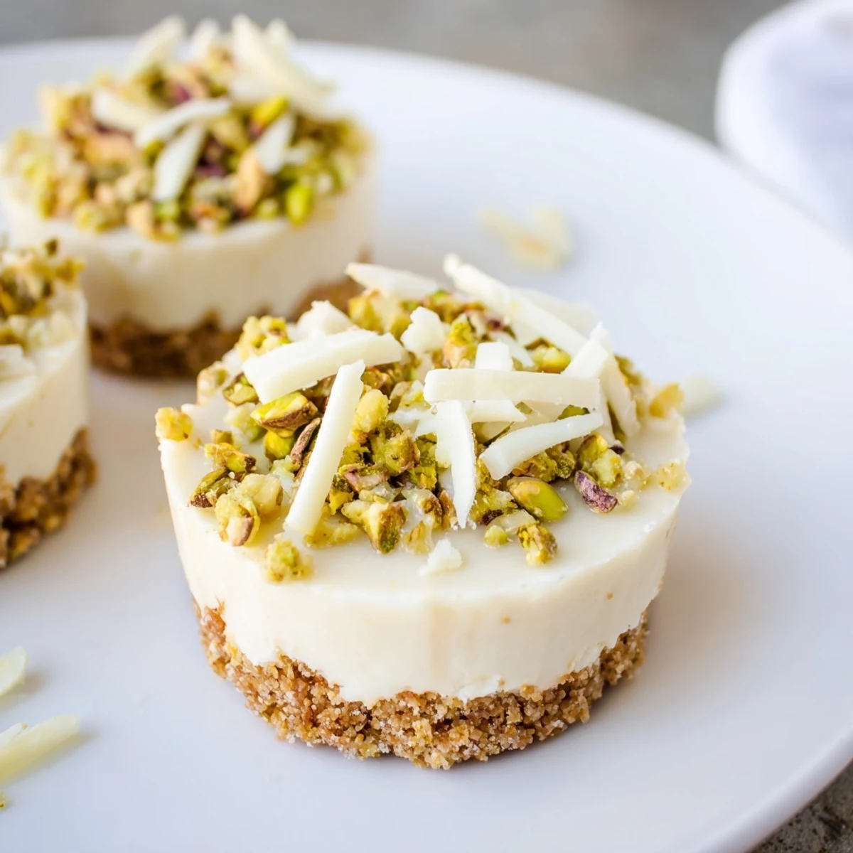 Mini Pistachio Cheesecake Bites—creamy, bite-sized desserts with a vibrant green filling and crunchy crust.