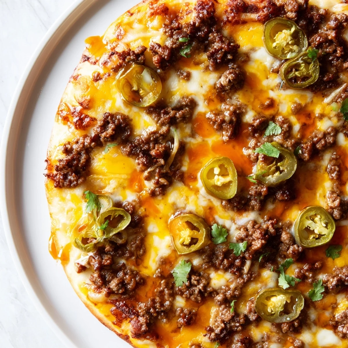Savory Spicy Ground Beef Pizza Base, topped with melted cheese, ready to slice and eat hot.