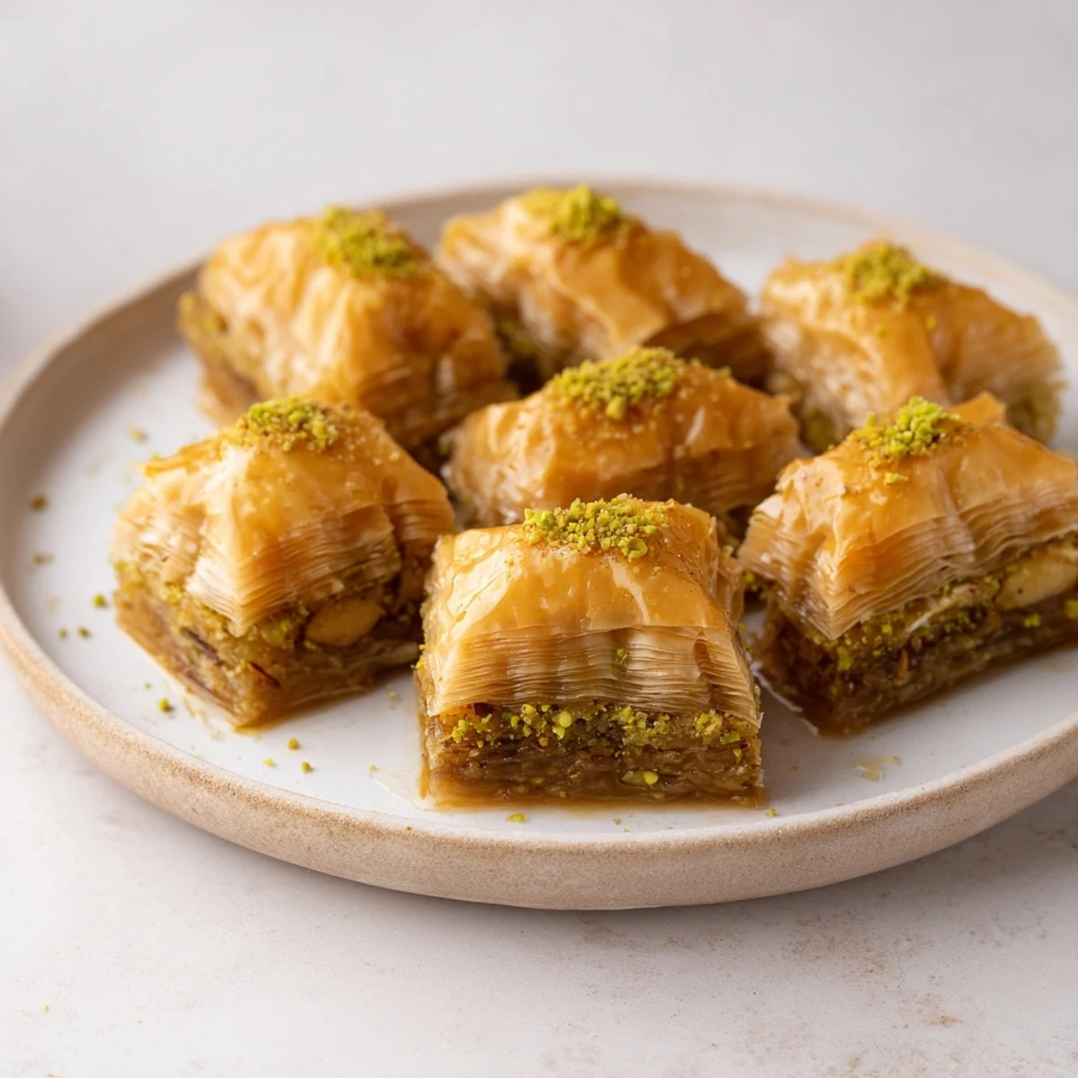 Golden-brown Turkish hazelnut and pistachio baklava, glistening with honey syrup, ready to serve.