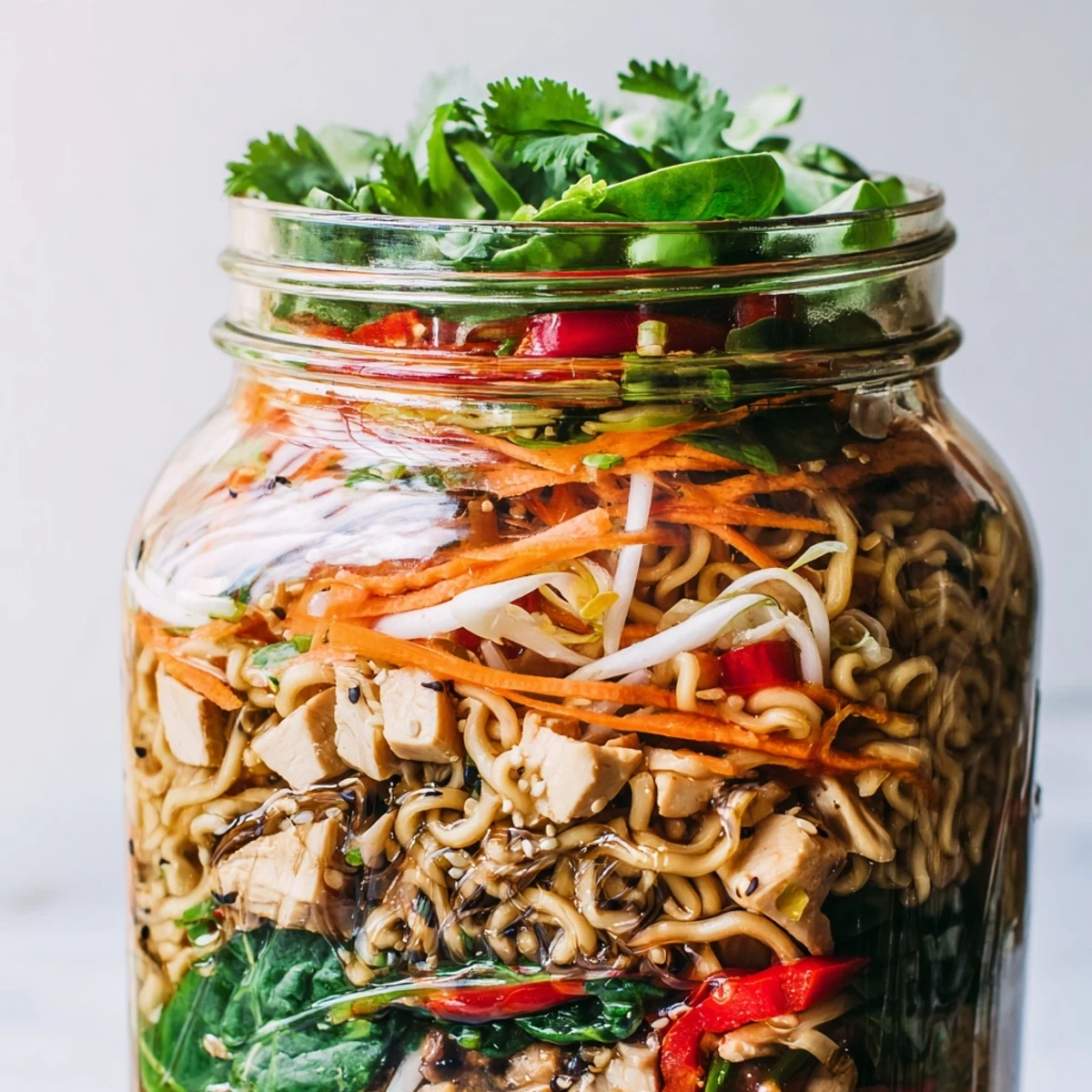 A layered Mason Jar Noodle Meal Prep featuring colorful vegetables and cooked chicken, ready to grab.