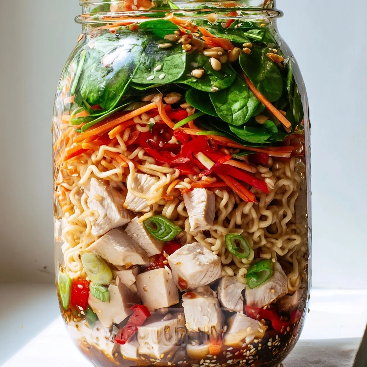 Vibrant layers of fresh ingredients in Mason Jar Noodle Meal Prep beckon, showcasing a delicious DIY meal.