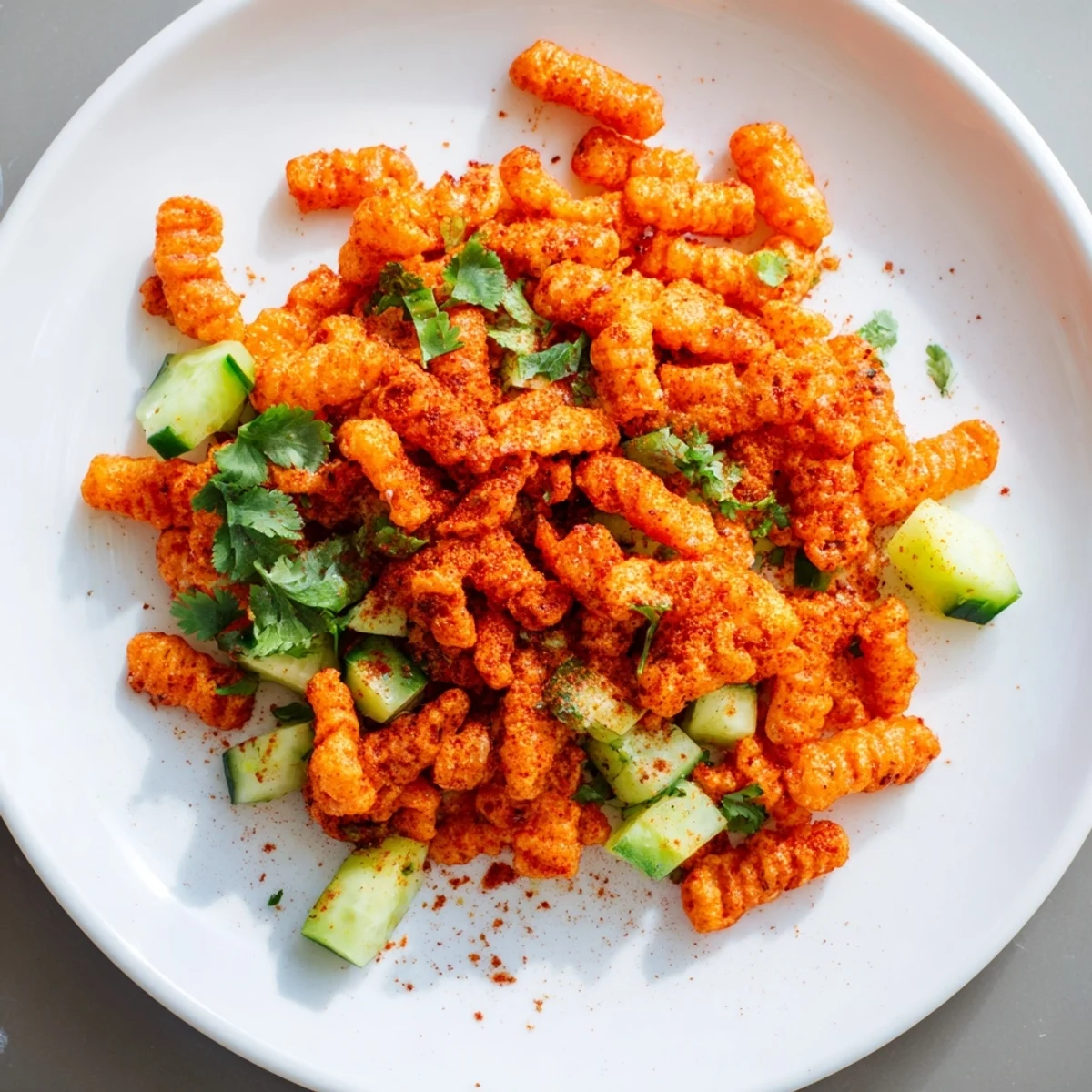 Enjoy a tempting bowl of Flamin Hot Cheeto Salad, a vegetarian treat with crunchy chips and fresh veggies.