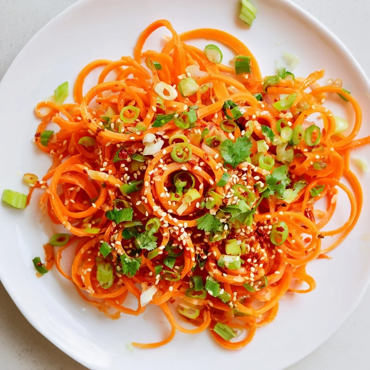 Mouthwatering Carrot Ribbon Salad Asian-Style featuring ribbons, sesame seeds, and a spicy chili kick.