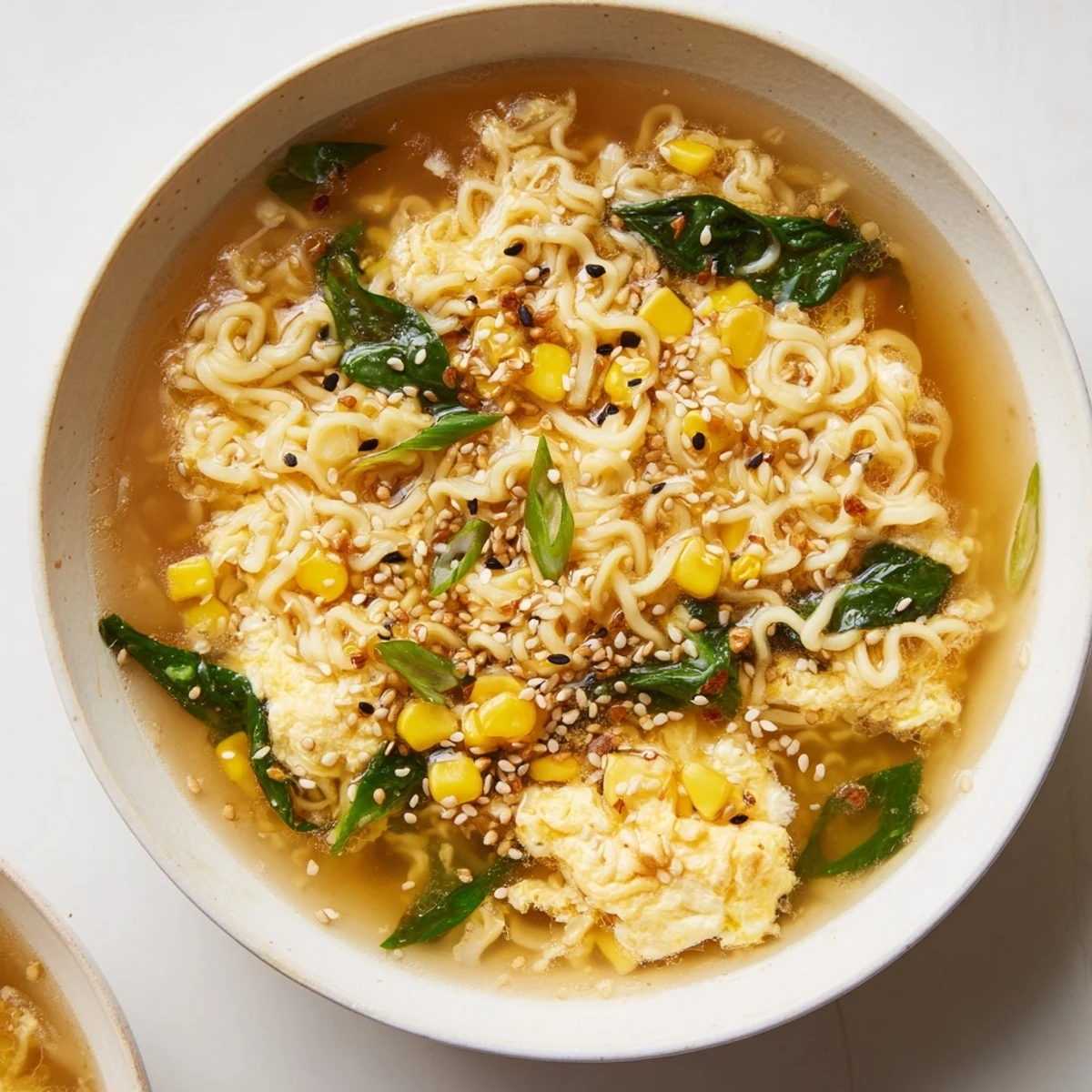 Creamy, flavorful, and quick, a close-up photo of Elevated Ramen Egg Drop Soup with fresh garnishes.