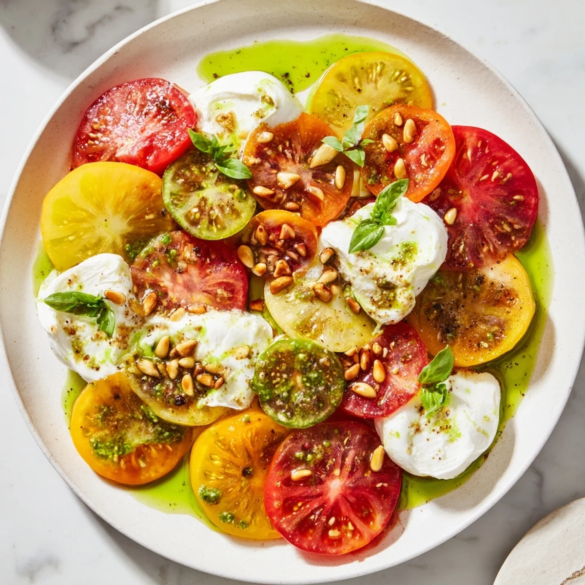 Vibrant heirloom tomato salad board featuring colorful tomatoes, creamy burrata, and fresh basil oil.