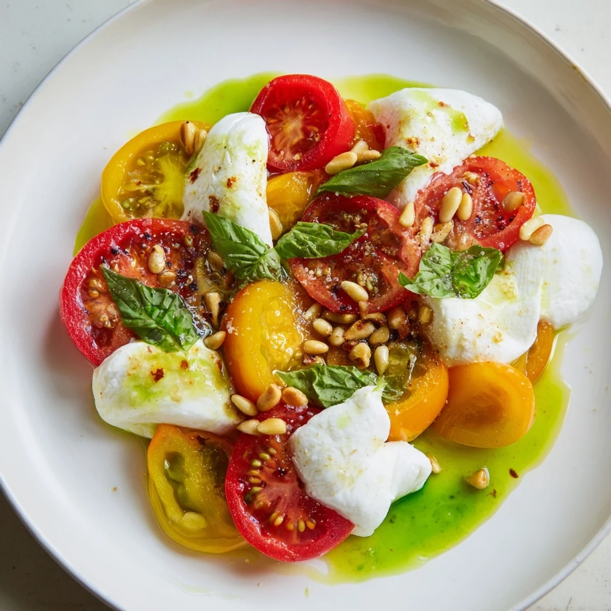 This heirloom tomato salad board presents a visually stunning appetizer of ripe tomatoes and fresh basil.