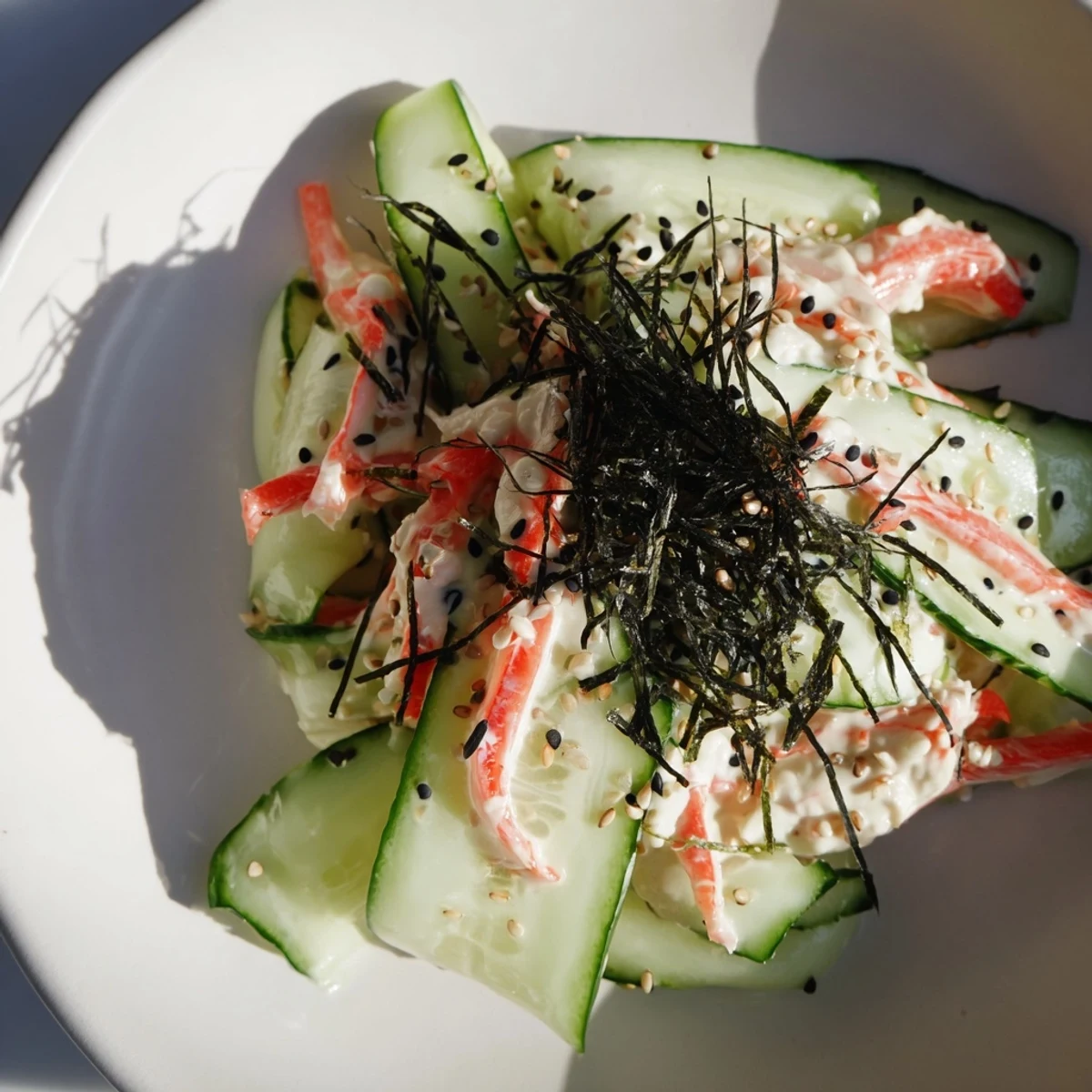This California Roll Cucumber Salad features a beautiful presentation, topped with sesame seeds and nori strips.