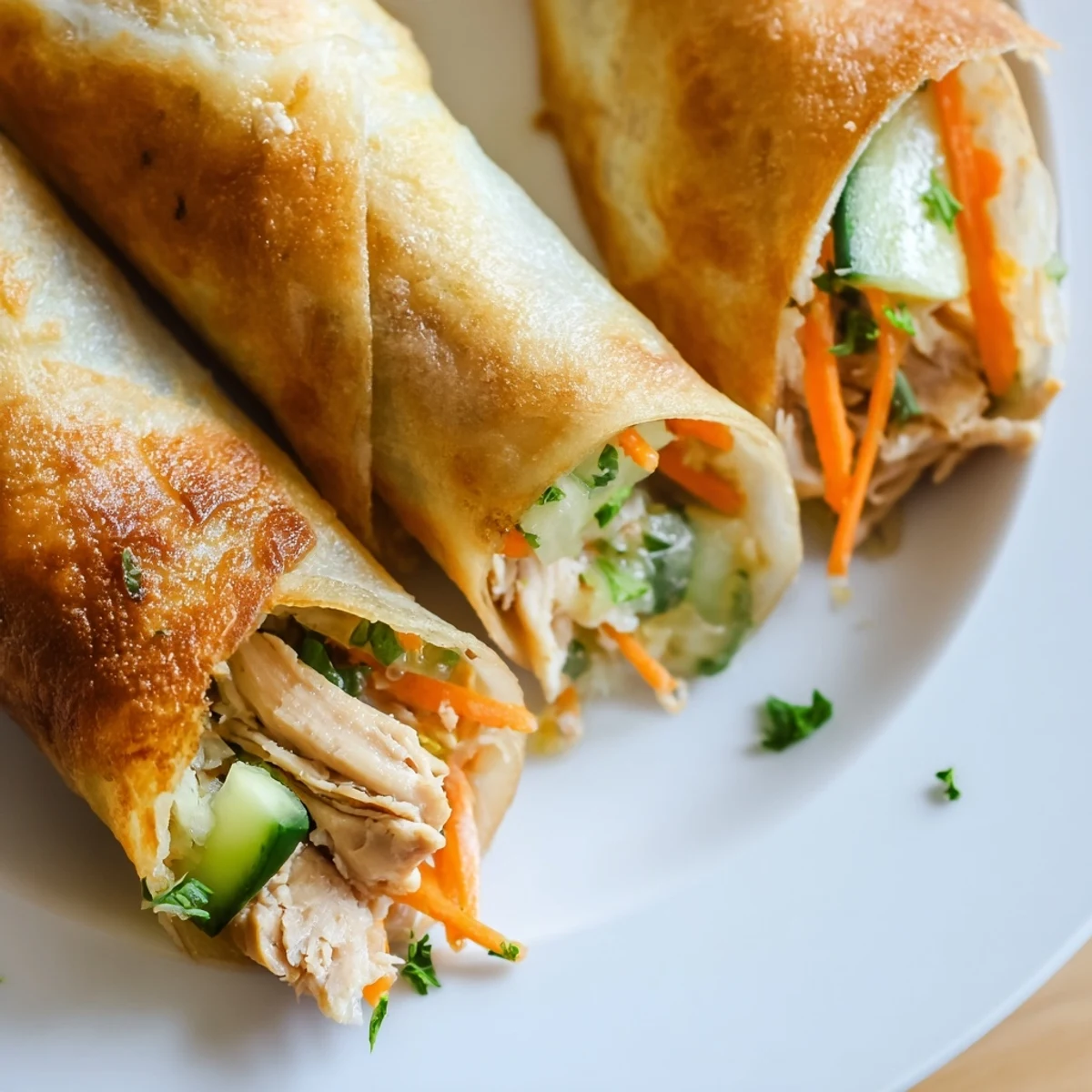 Close-up of succulent Garlicky Pulled Chicken Wraps, showcasing juicy, shredded chicken and colorful fillings ready to eat.