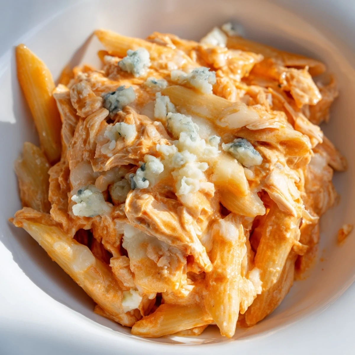 Fork-tender shredded chicken is tossed in a spicy buffalo sauce and creamy pasta, topped with crumbled blue cheese for a tangy finish.