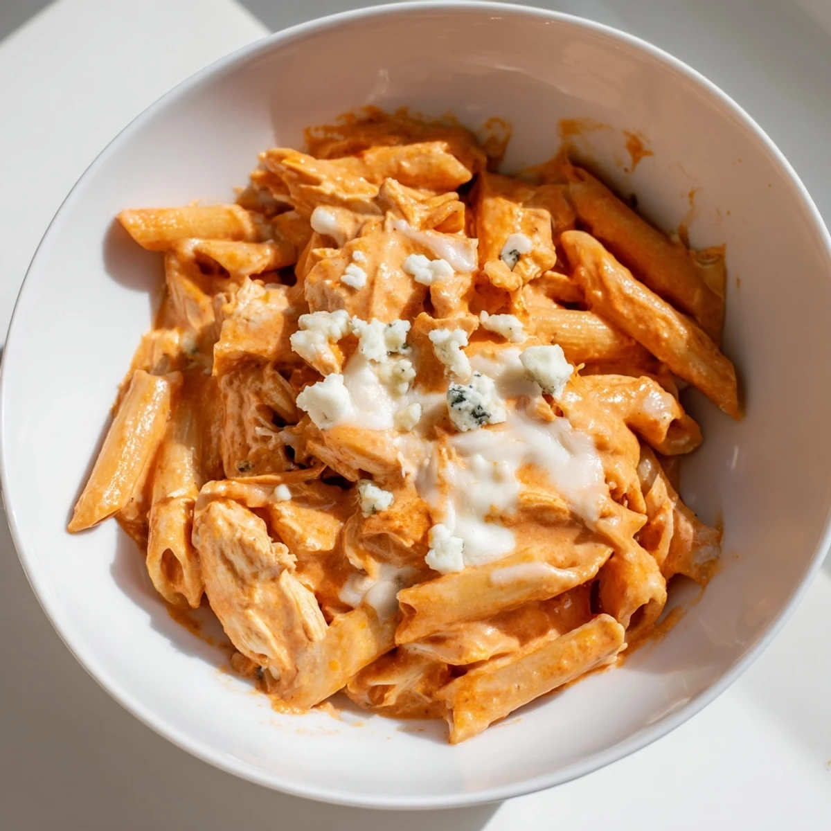 Comforting American Buffalo Chicken Pasta is served in a white bowl, creamy and cheesy with a sprinkle of blue cheese crumbles.