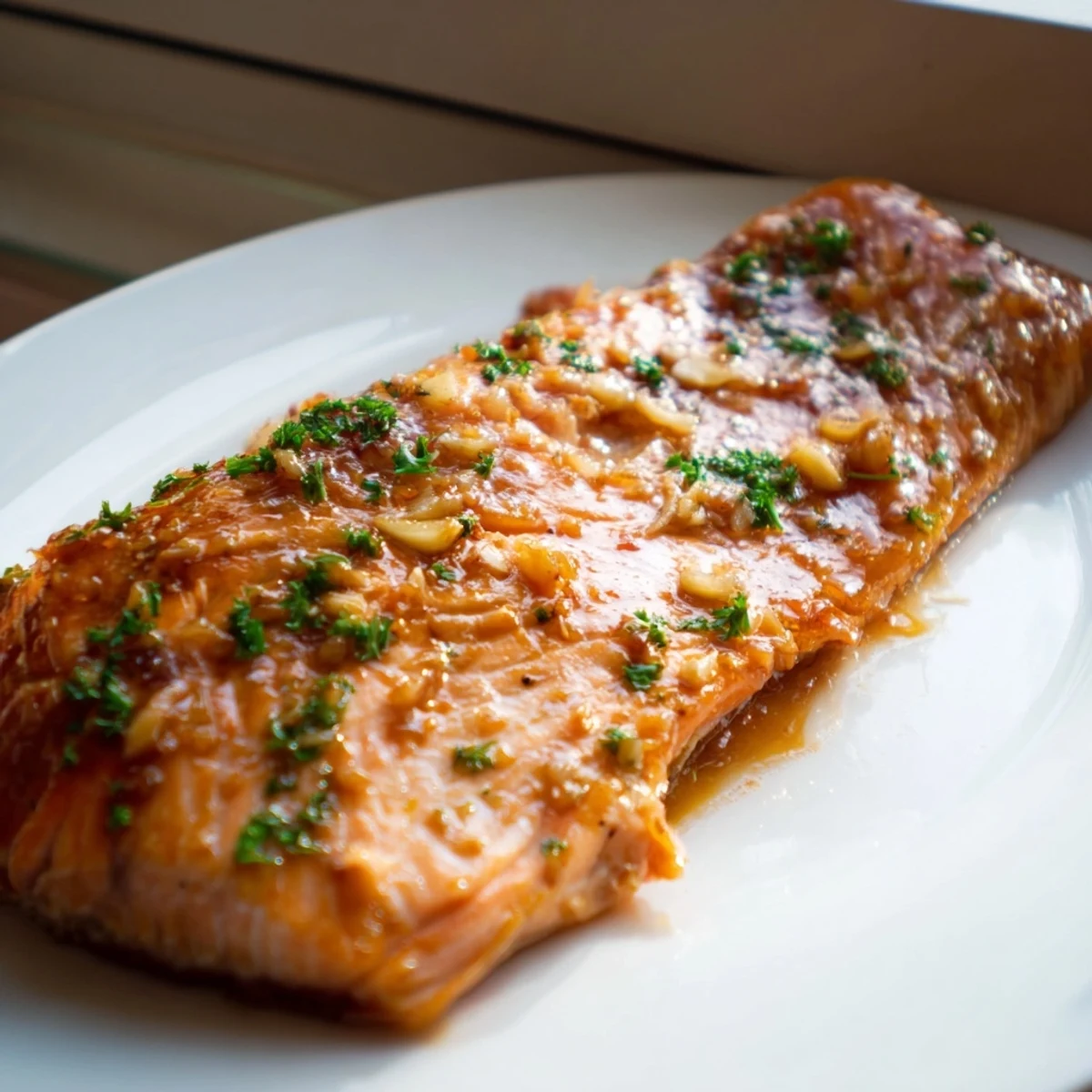 Golden-brown Honey Garlic Glazed Salmon fillets fresh from the oven, garnished with parsley and lemon wedges on a rustic platter.
