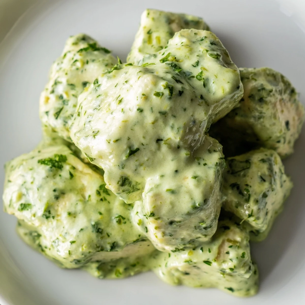 Hearty Green Goddess chicken salad in a white bowl, vibrant herbs and greens topped with tender chicken and ripe avocado.