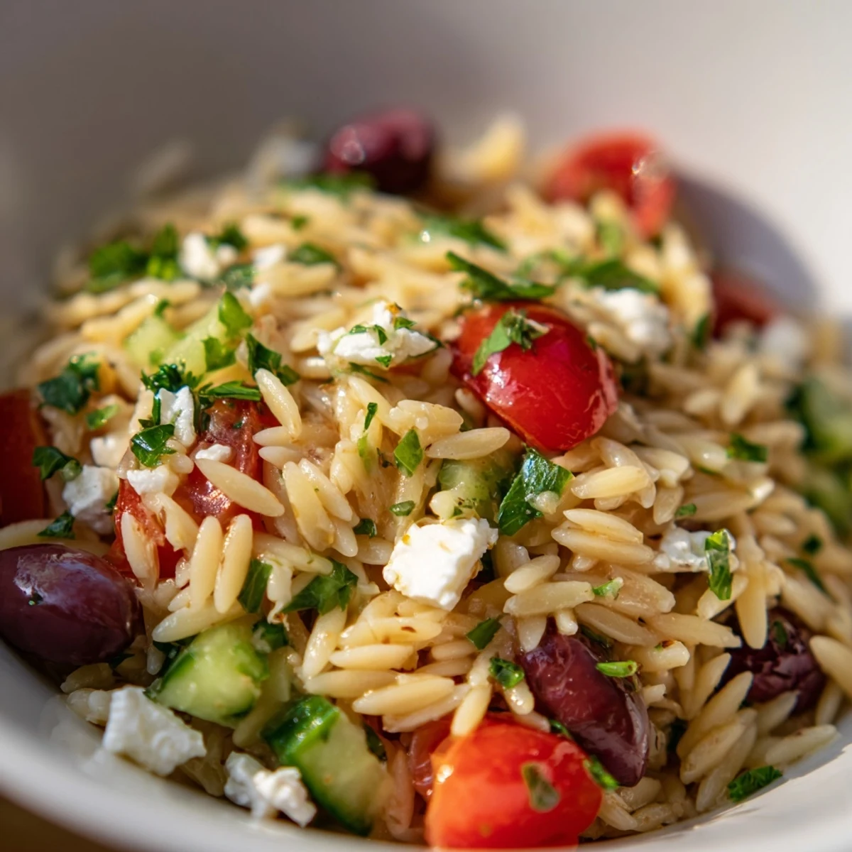 Vibrant Greek Orzo Salad with diced cucumber, halved tomatoes, red onion, and Kalamata olives on a rustic table.
