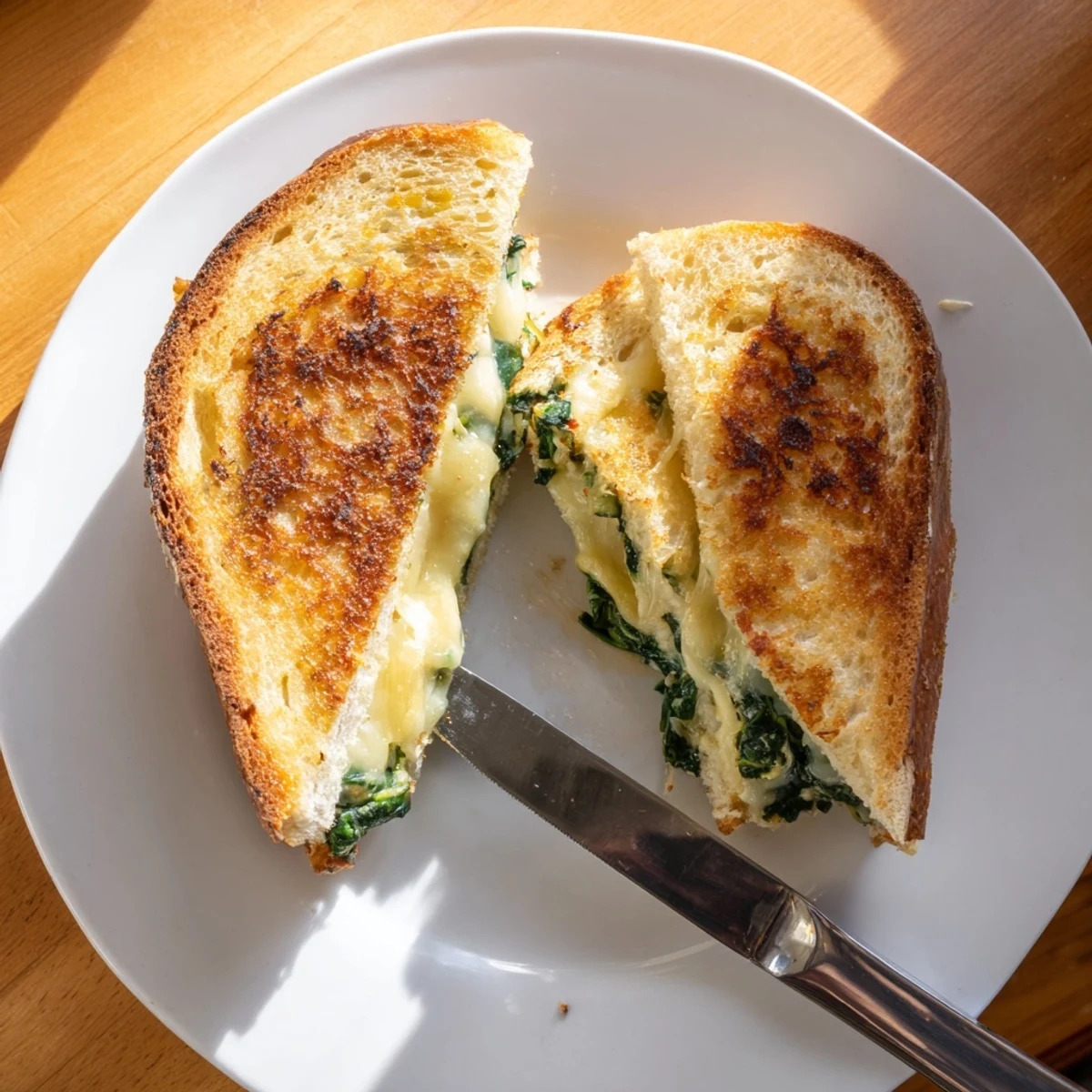 Toasted sourdough slices filled with creamy spinach and artichoke, melted mozzarella oozing from the golden crust.