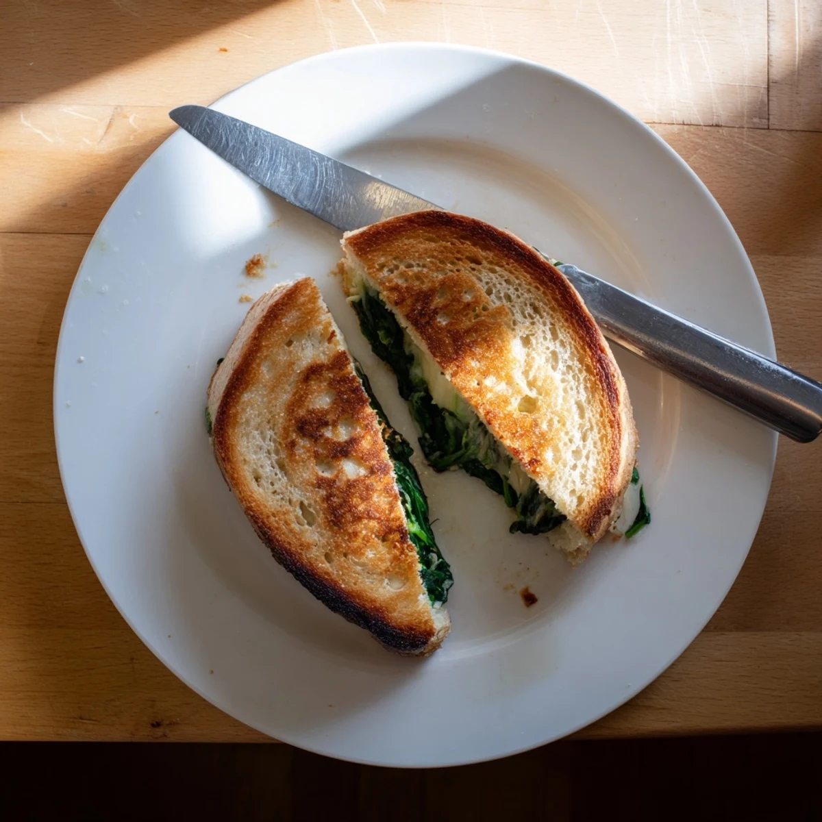 Melted cheese and wilted greens peek from crispy sourdough, highlighting this easy vegetarian Spinach Artichoke Grilled Cheese.
