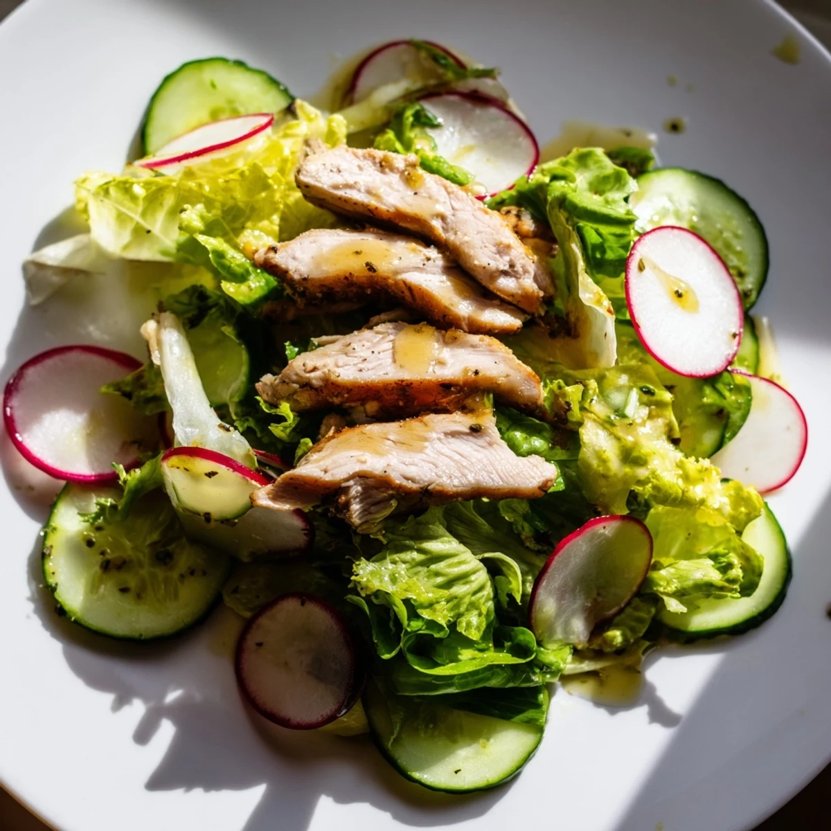 A drizzle of lemon vinaigrette coats mixed greens and tender chicken in this easy, gluten-free Spring Detox Chicken Salad.