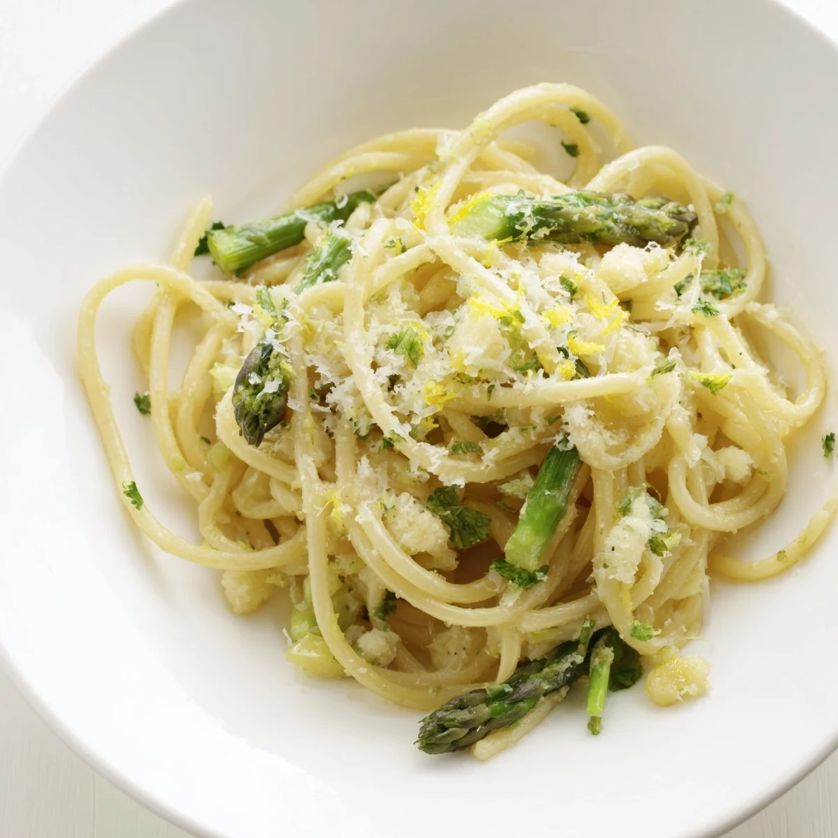 A close-up of Roasted Garlic & Asparagus Pasta with tender green spears and golden garlic cloves, garnished with fresh parsley and grated Parmesan.  