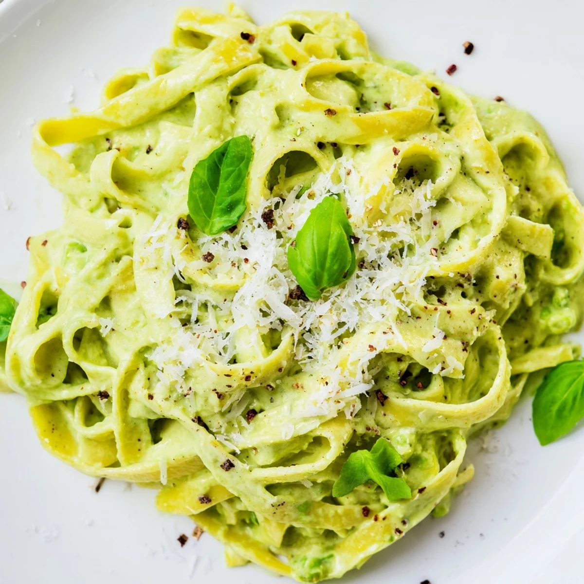 A skillet of creamy green pea Alfredo garnished with grated Parmesan and cracked black pepper, ready to serve.  