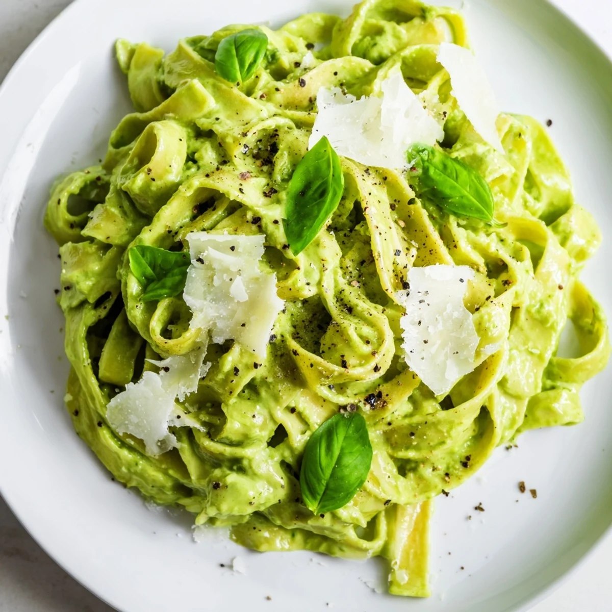 Freshly plated creamy green pea Alfredo alongside crusty bread, highlighting the smooth, vivid green pasta sauce.