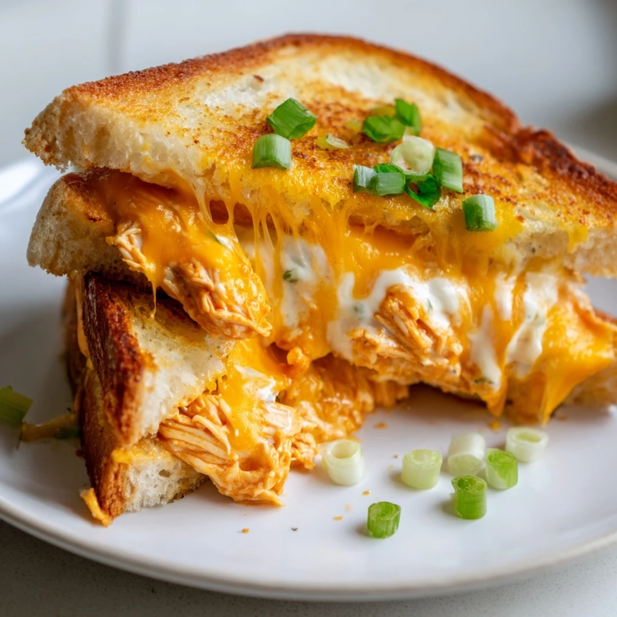 Melted cheese oozing from a toasted Buffalo Chicken Ranch Grilled Cheese, served with green onions and a side salad.