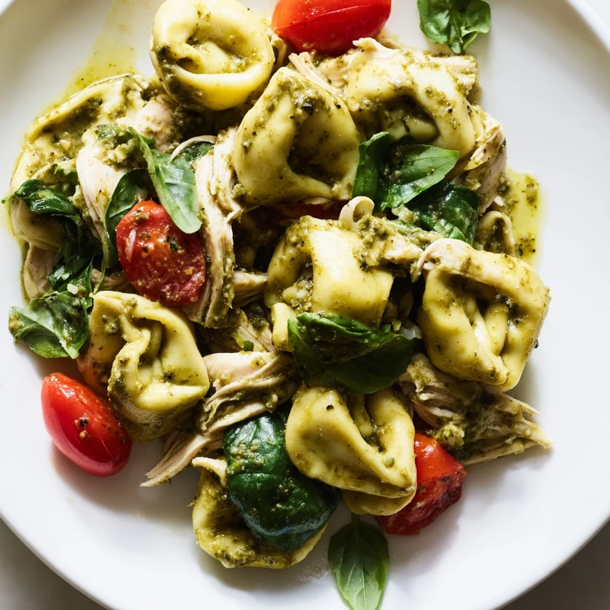 Creamy Pesto Tortellini Skillet bubbling in a pan with tender tortellini, shredded chicken, wilted spinach, and halved cherry tomatoes, garnished with fresh basil.  