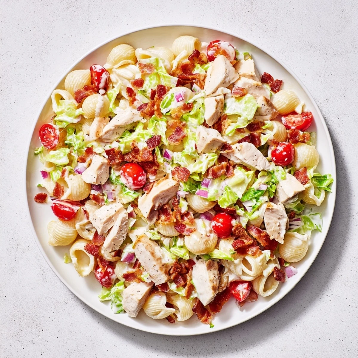 Bright grilled chicken, crisp bacon, and cherry tomatoes top creamy BLT Chicken Pasta Salad in a white bowl.