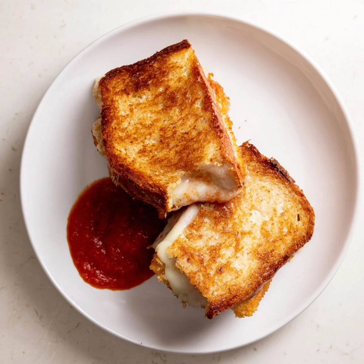 A close-up view reveals the gooey, stringy cheese pull from a mozzarella stick grilled cheese, served hot on a rustic wooden cutting board.  