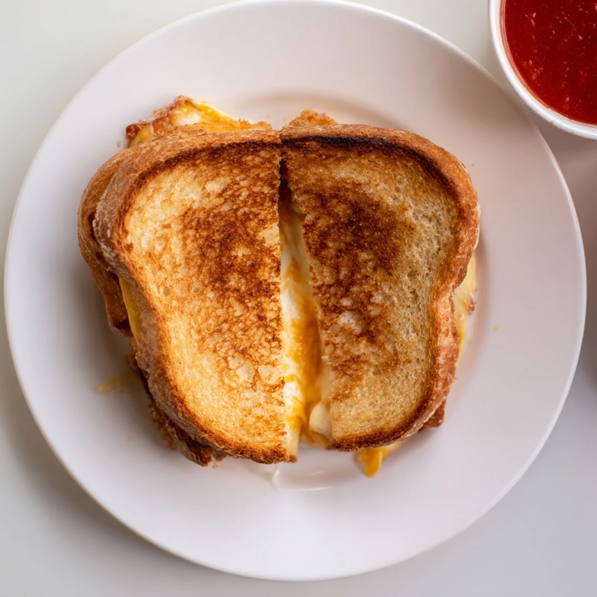 Freshly sliced mozzarella stick grilled cheese rests beside a small bowl of marinara, showcasing the crispy bread and layered cheese filling.