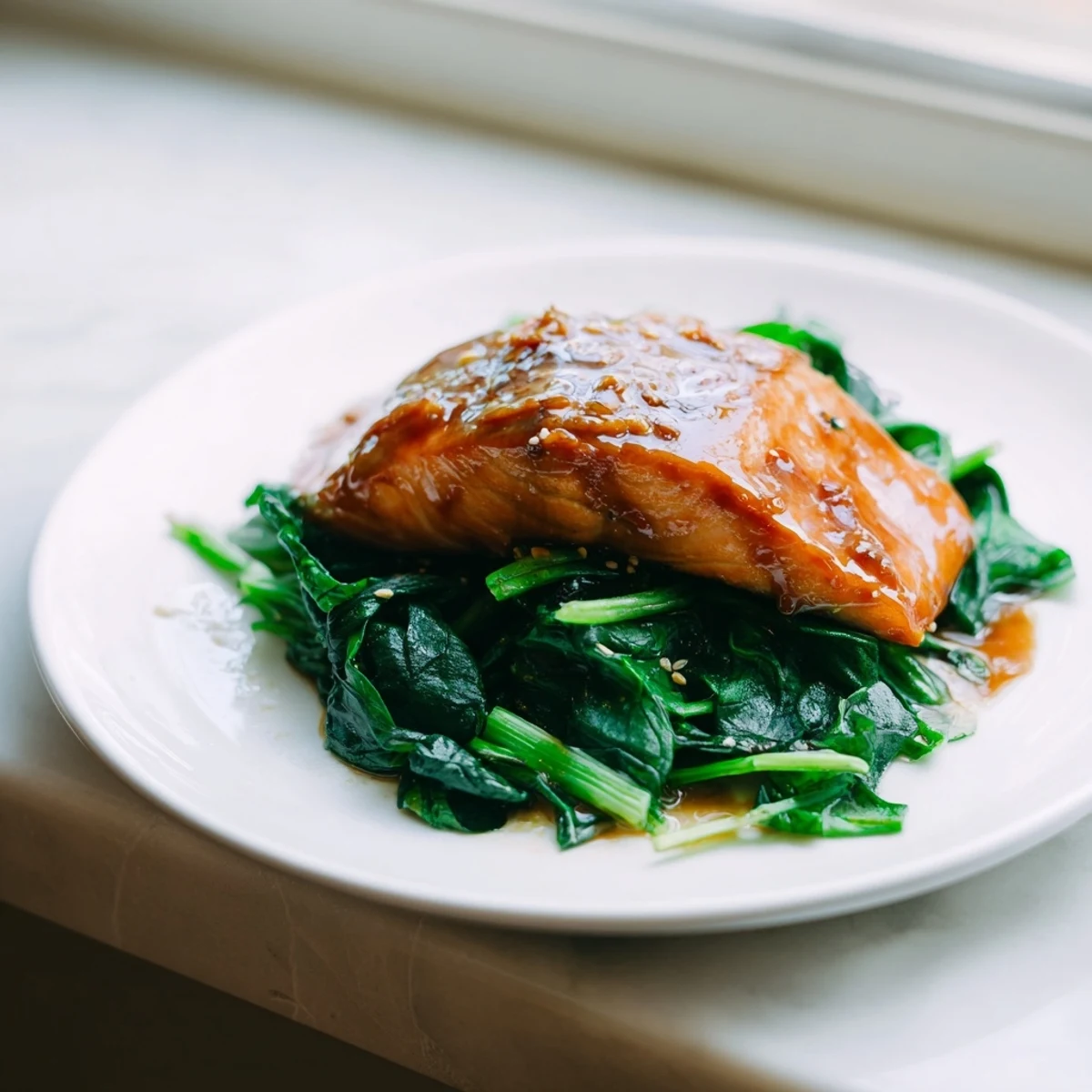 Golden-brown miso salmon fillets glazed with umami sauce rest on a bed of vibrant green sautéed spinach with fresh ginger.