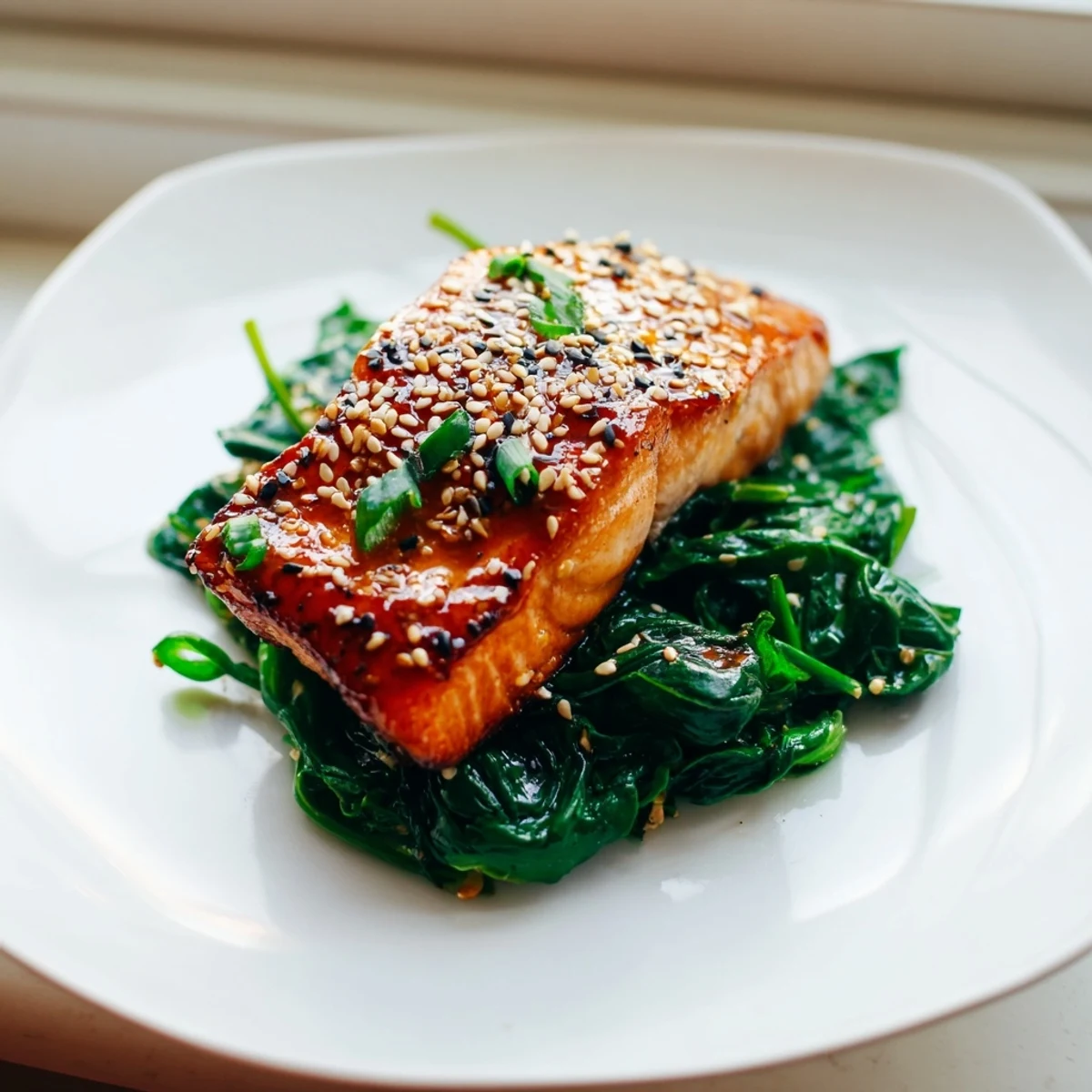 A close-up of baked miso salmon with caramelized glaze atop tender spinach, sautéed with garlic, shallot, and ginger.