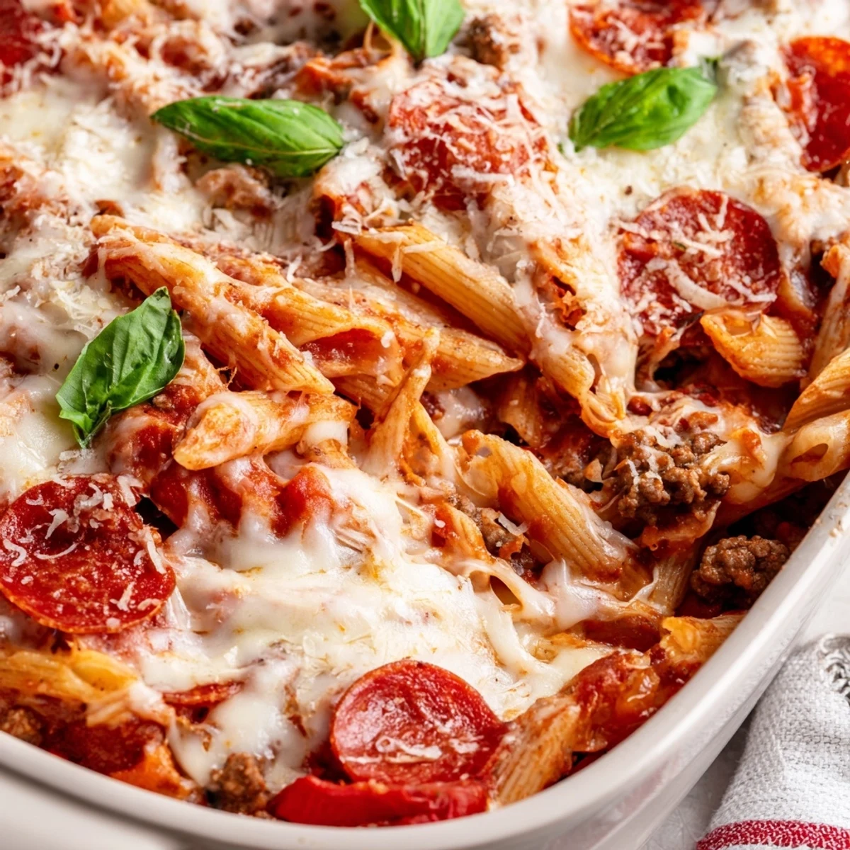 Serving suggestion for the High Protein Italian Beef and Pasta Bake, garnished with fresh basil and paired with a crisp green salad.