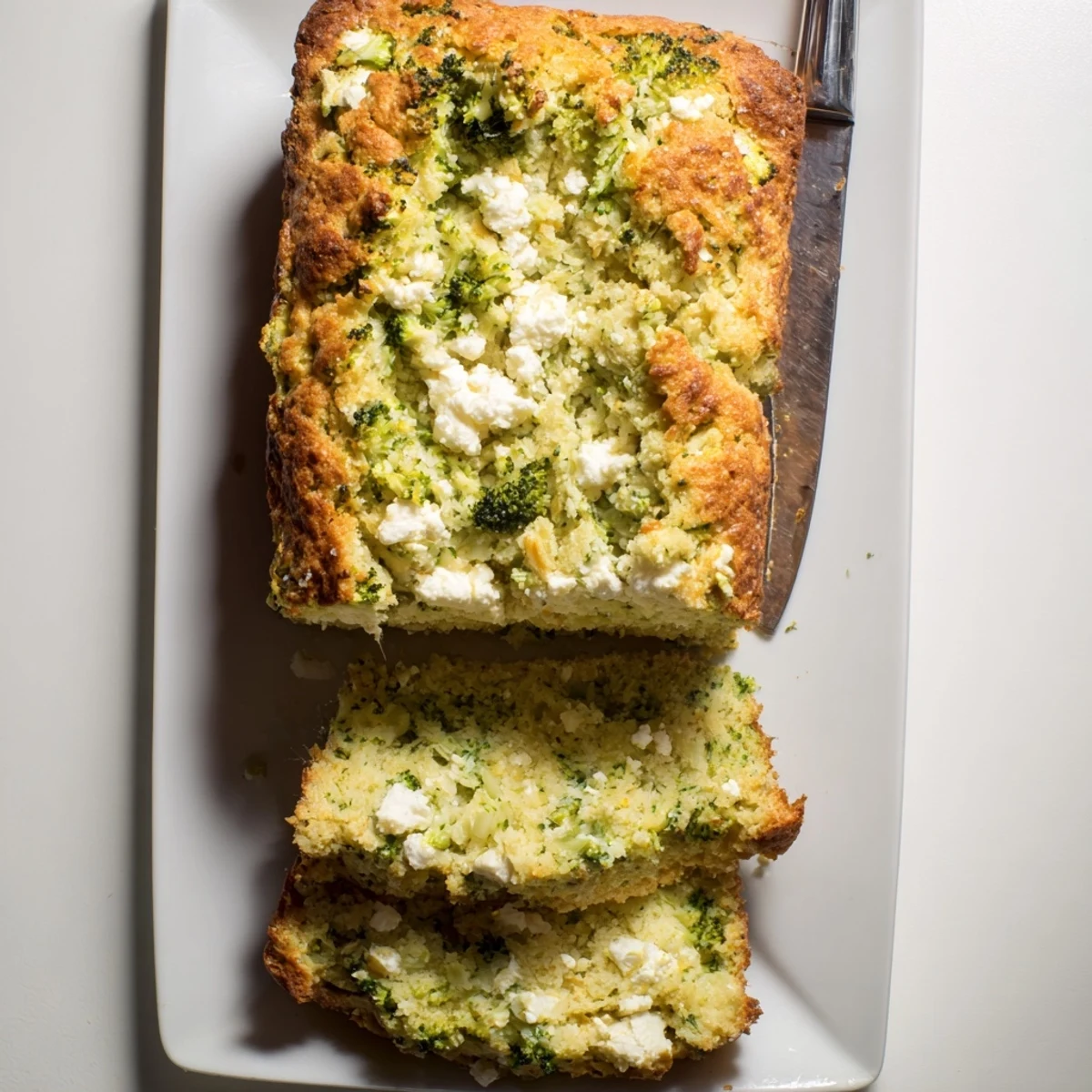 Freshly baked Broccoli and Feta Loaf, featuring tender broccoli and tangy feta, served warm with a side of tomato soup.  
