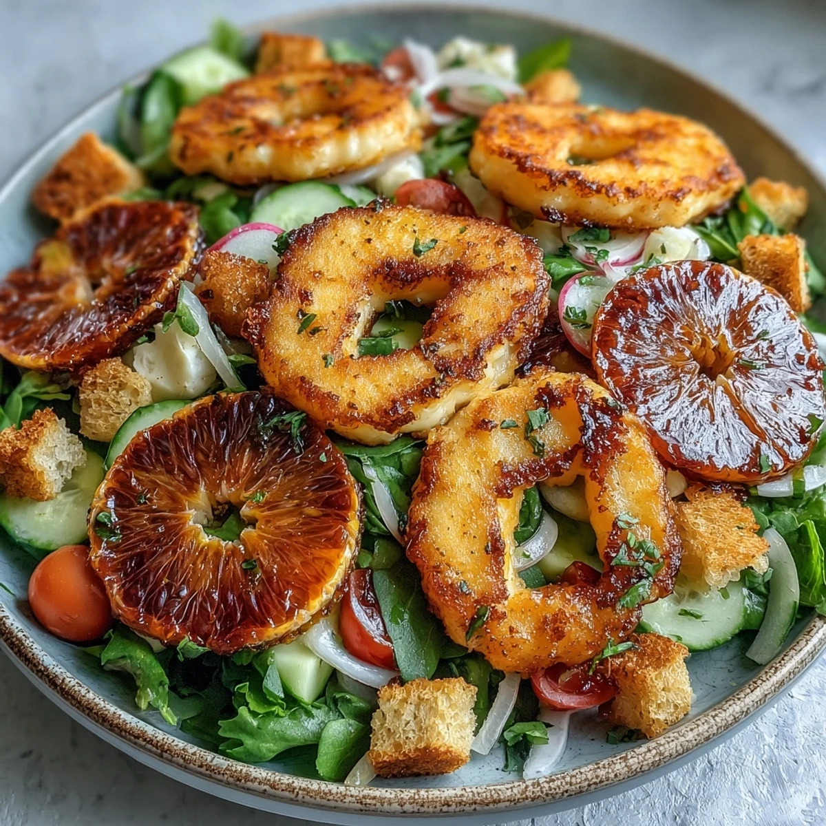 Savory fried halloumi pairs with ruby blood oranges in this delicious Fattoush salad.