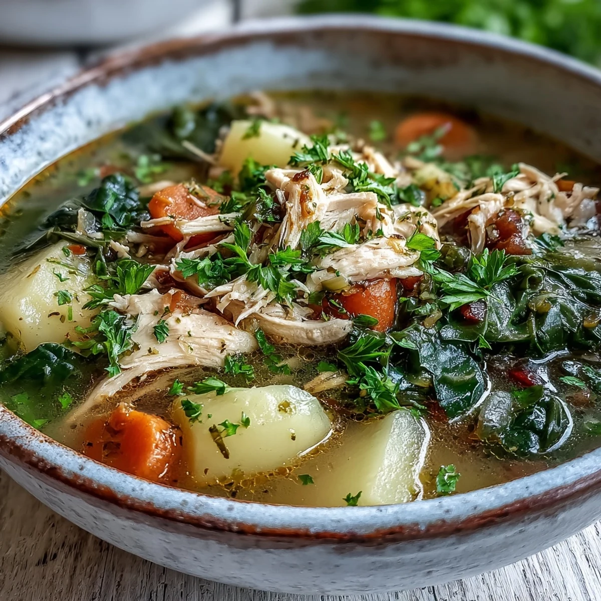 Hearty Collard Greens Chicken Vegetable Soup, a nourishing bowl with tender chicken and greens.