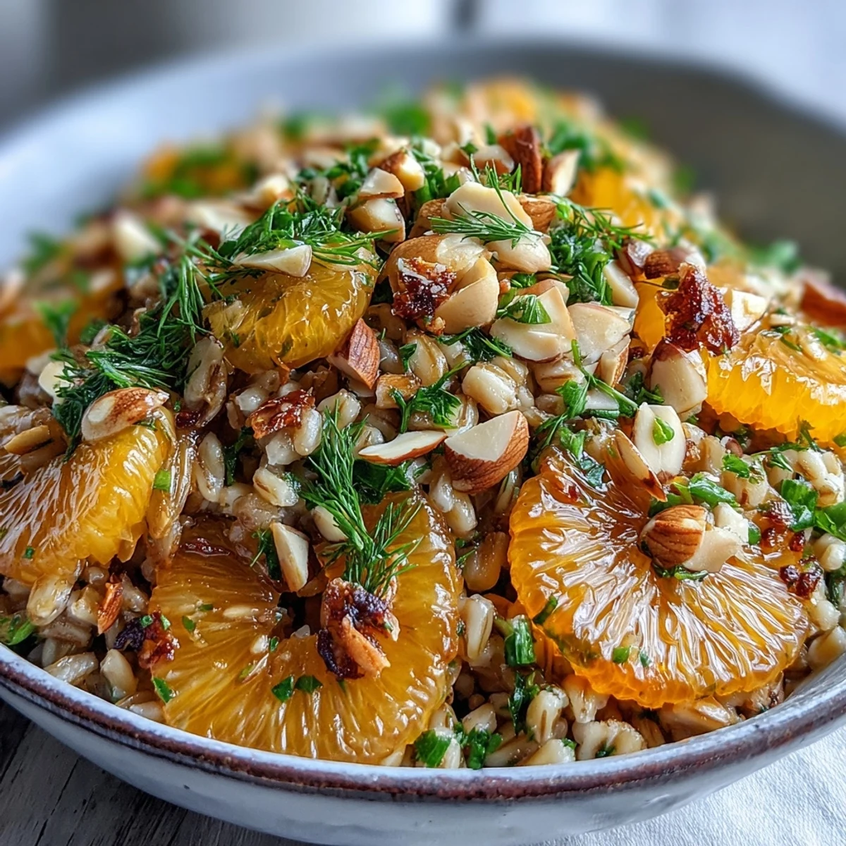 Hearty farro salad with fennel, oranges, and almonds, ready for serving.